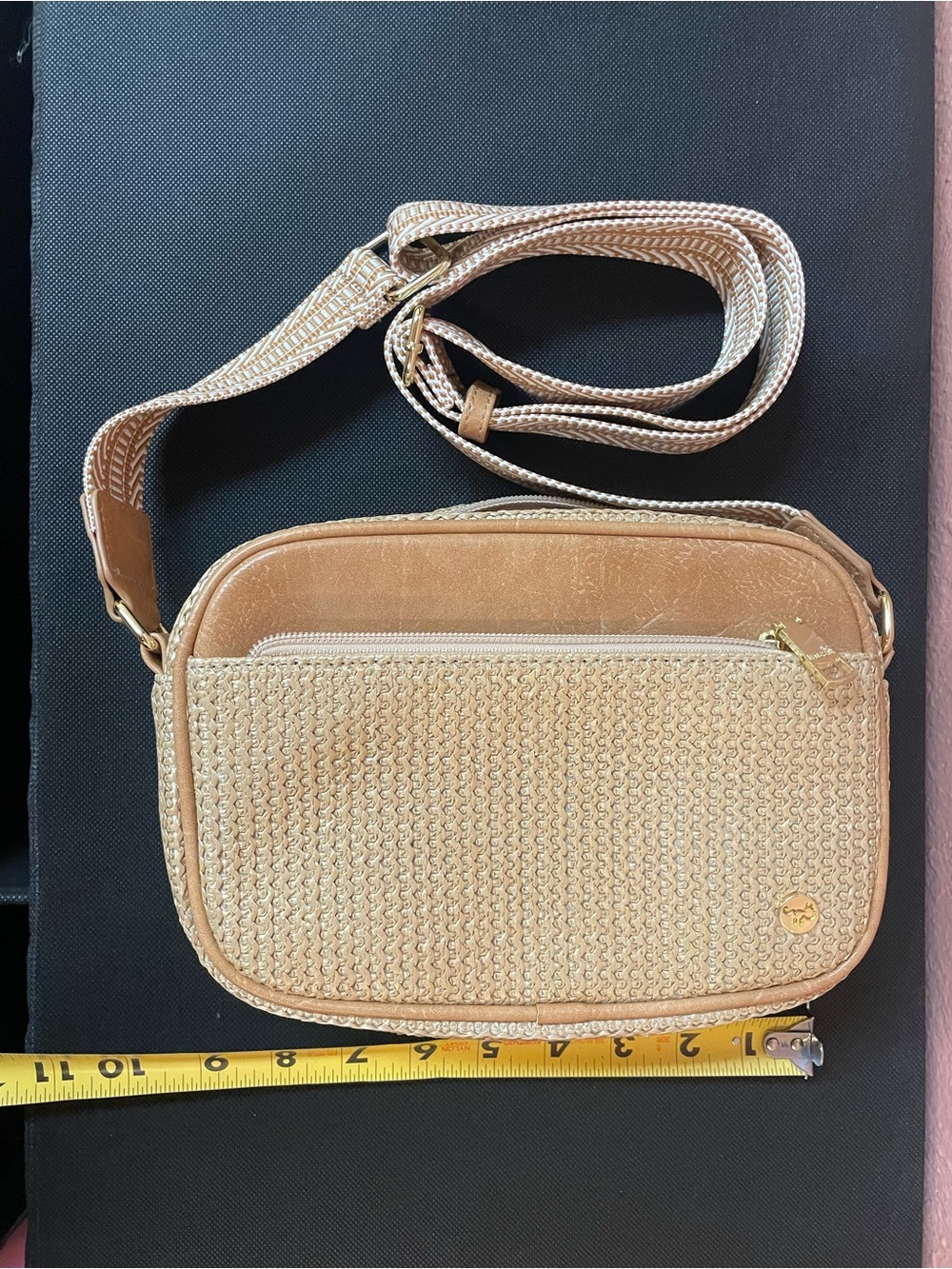 Women's Tan Woven Front Crossbody Bag with Adjustable Strap